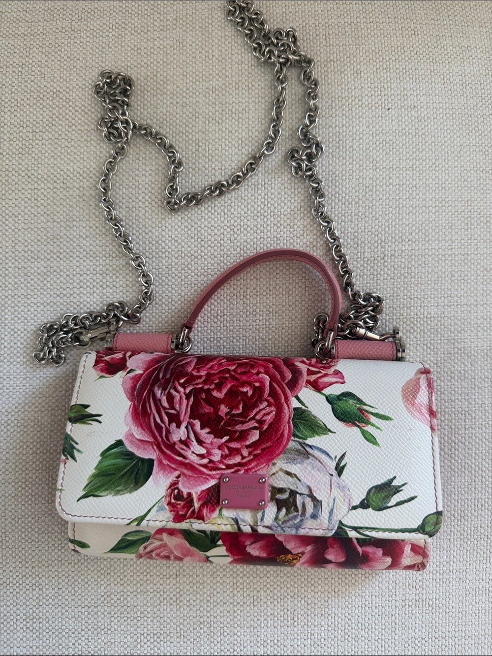 Dolce & Gabbana White Pink Floral Leather Mini Top-Handle Crossbody